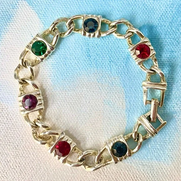 Vintage 80's Austrian Crystal Gold-Tone Multi-Color Link Tennis Bracelet Sz 6.5 - Picture 1 of 6